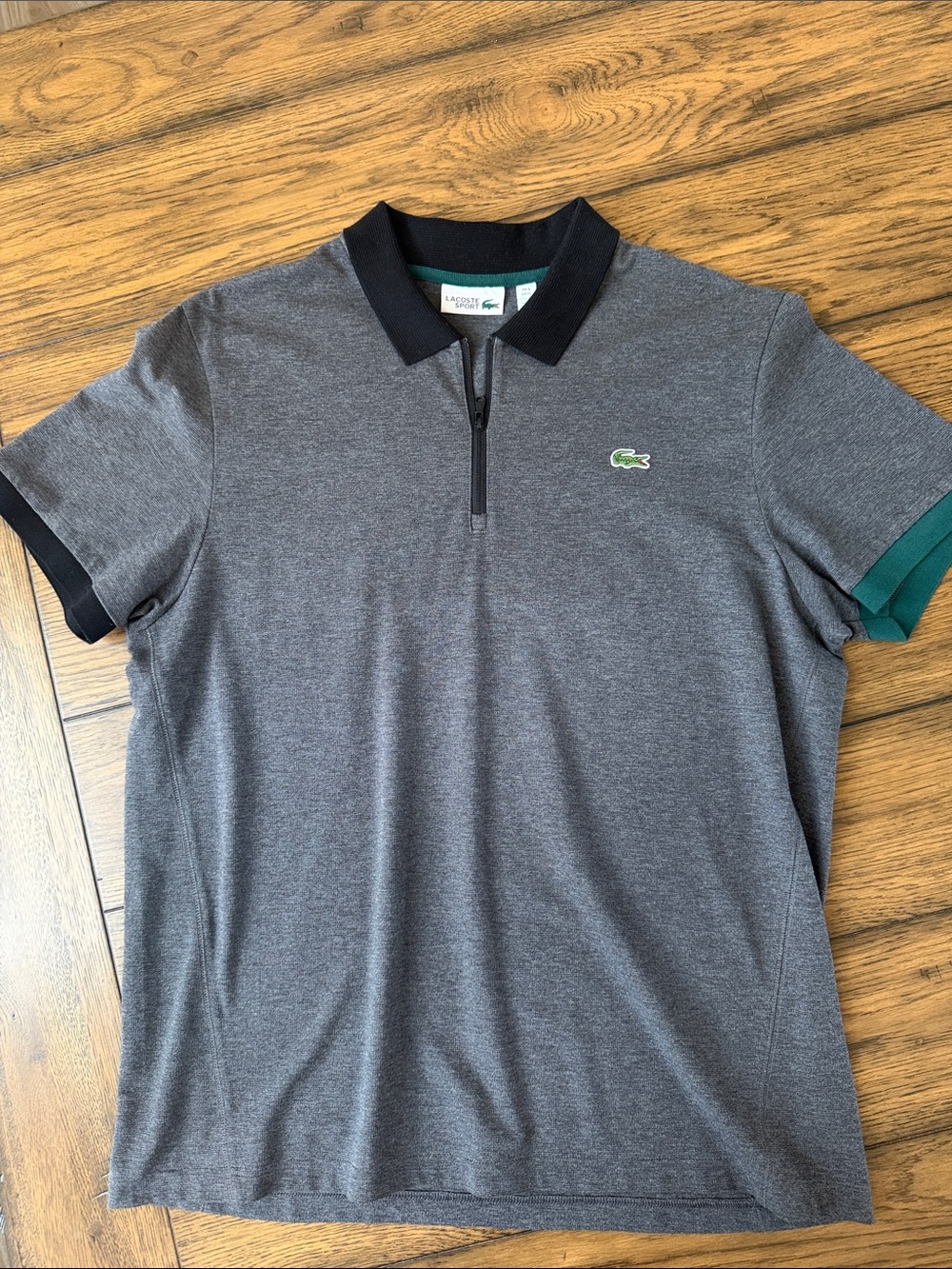 Lacoste Men's Grey Polo with Black Collar and Green Sleeve Trim